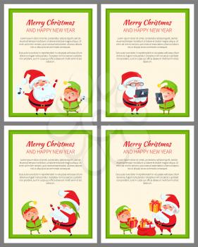 Merry Christmas and Happy New year posters with Santa and elf vector bannerss with place for text. Father Christmas and little helper having fun together
