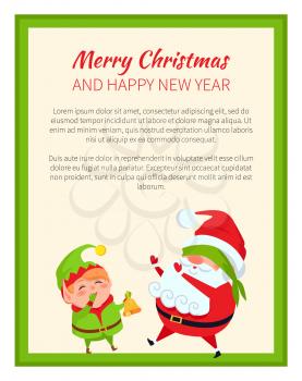Merry Christmas and Happy New year poster with Santa and elf vector banners with place for text. Father Christmas and little helper having fun together