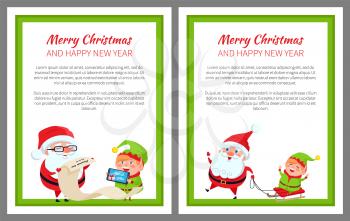 Merry Christmas happy New Year bright poster with Santa Claus and Elf on sledge, vector illustration with fairy tale characters in green square frame