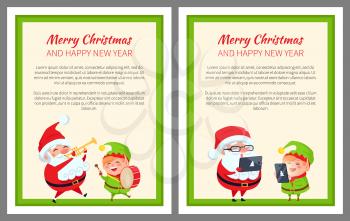 Merry Christmas happy New Year two bright banners with Santa Claus and elf. Vector illustration with smiling xmas symbols in green square frame