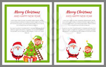 Happy New Year and merry Christmas elf and Santa on bright poster on white background. Vector illustration with Santy and his helper in green frame