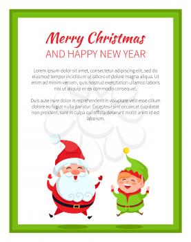 Happy New Year and merry Christmas Santa Claus on colorful white background. Vector illustration with xmas symbols surrounded by green square frame