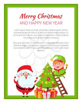 Happy New Year and merry Christmas bright poster on white background. Vector illustration with Santa and his cute smiling helper in green square frame