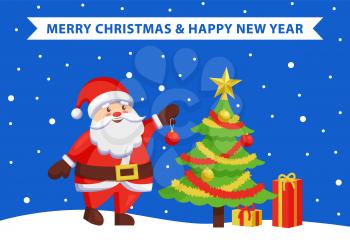 Merry Xmas and Happy New Year poster with Santa Claus decorating tree by color ball. Christmas Father and winter holiday symbol vector illustration