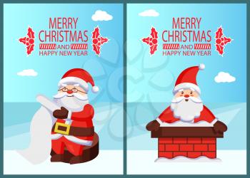 Merry Xmas and Happy New Year postcard Santa Claus reading wishlist sitting on wooden stump, Father Christmas in chimney pipe vector poster on snow