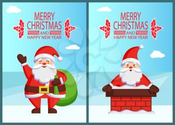 Merry Christmas Happy New Year poster inscription with mistletoe Santa and bag with gifts Claus in brick chimney. Vector St. Nicholas holding huge sack