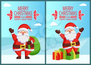 Merry Christmas and Happy New Year posters with Santa Claus on gift boxes and with bag on back vector illustration smiling Xmas symbol postcards design