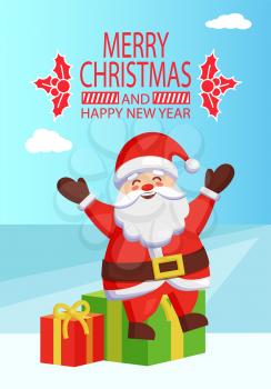 Merry Christmas and Happy New Year inscription with mistletoe, poster Santa Claus sitting on gift boxes on winter landscape vector illustration