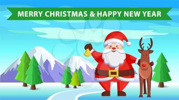 Merry Christmas and Happy New Year postcard Santa Claus and reindeer on winter landscape scenery. Vector illustration Santy holds golden bell and deer