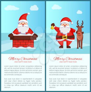 Merry Xmas and Happy New Year poster Santa Claus and brick chimney, deer animal daily activities of winter character greeting cards design, add text
