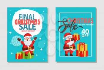Christmas sale, holiday discount headlines and Santa Claus in Traditional Costume with presents and sparkling stars isolated on vector illustration
