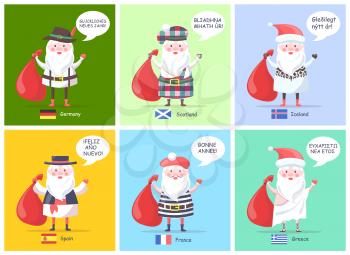 Germany and Spain, Iceland and France, visualisations of Santa Clauses, flags and happy New Year translations, isolated on vector illustration