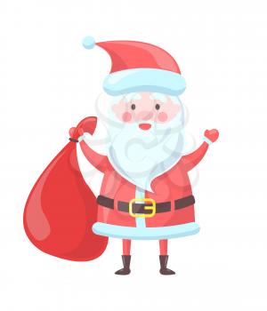 Santa Claus traditional image of elderly man with long white beard and red costume with bag full of presents for children vector illustration