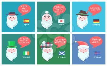 International Santa Clauses in ethnic headdresses greet with New Year in foreign languages festive posters cartoon vector illustrations set.