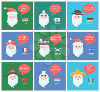Funny Santa Clauses of different nationalities wish Happy New Year in native languages cartoon flat vector illustrations set on festive posters.