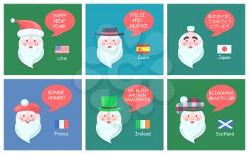 Congratulations with New Year in foreign languages from Santa Clauses of various nationalities cartoon vector illustrations on festive banners set.