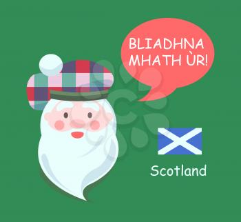 Santa Claus Scottish vision of winter character, old man with beard and symbolic hat with pattern, flag and translated phrase vector illustration