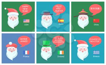 Happy New Year Santa Claus set, posters with old man with beard and icons of flags of Greece, USA and Ireland, France and China vector illustration
