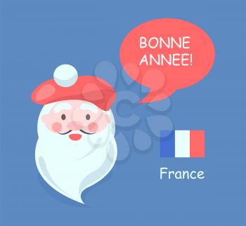 France and Santa Claus with symbolic hat and phrase happy New Year, French flag and language, vector illustration isolated on blue background