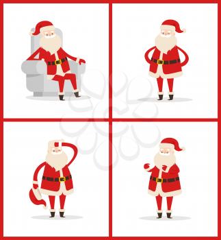 Santa Claus set of posters isolated on white background. Vector illustration with Christmas character in traditional red costume in light big chair