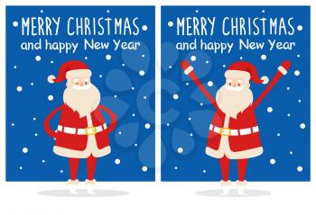 Merry Christmas and Happy New Year posters set Santa Claus with raised hands and put on waist vector illustration cartoon character on snowy backdrop