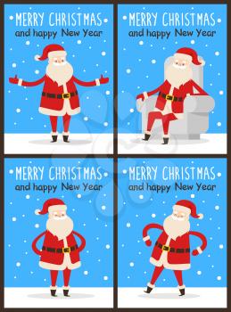 Merry Christmas and happy New Year Santa congrats on set of snowy posters. Vector illustration with happy smiling xmas symbol in different poses