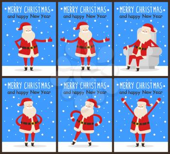 Merry Christmas and happy New Year Santa congrats on set of six snowy posters. Vector illustration with happy smiling xmas symbol in different poses