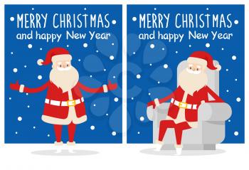 Merry Christmas and Happy New Year posters set Santa Claus open hands and rest in cosy armchair vector illustration cartoon character on snowy backdrop