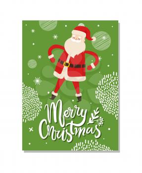 Merry Christmas postcard with Santa Claus winter holidays symbol with hands on waist Father Christmas on green background with snowflakes vector icon