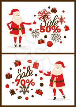 Sale -50 and -70 posters set with Santa Claus pointing at stickers with title and icons of presents and snowflakes, isolated on vector illustration
