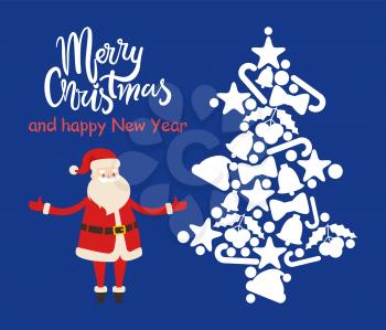 Merry Christmas and happy New Year, Santa and tree consisting of icons of bell and candy, hat and mistletoe, star and ball vector illustration