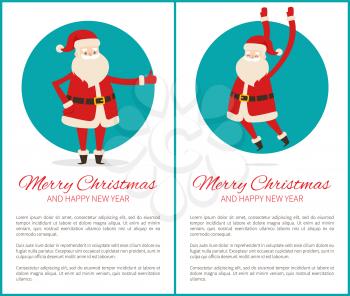 Merry Christmas and Happy New Year poster with Santa Claus in blue circle and place for text, Father Xmas have fun pointing and jumping vector