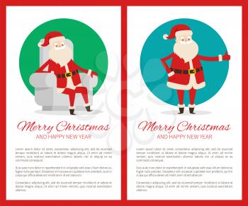 Merry Christmas happy New Year cute Santa Claus on two light posters on white in red frames. Vector illustration with funny Santa in traditional costume