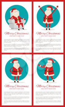 Merry Christmas and happy New Year, winking Santa with smile on face, relaxing after work and stretching arms, headlines vector illustration