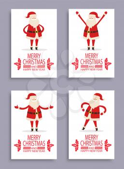 Merry Christmas and happy New Year, covers set with emotional Santa Claus, headlines with icon of mistletoe and stripes below vector illustration