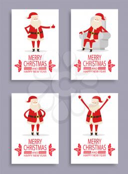 Happy New Year and merry Christmas Santa congrats on set of light posters. Vector illustration with fairytale winter character on white background