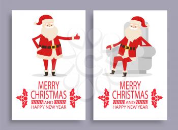 Calligraphic inscription with mistletoe branches and Santa Claus symbol of winter holidays vector postcard isolated. Merry Christmas and Happy New Year