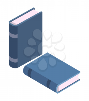 Blue books standing and lying vector illustration isolated on white. Textbooks in hardcover, encyclopedia materials, modern literature