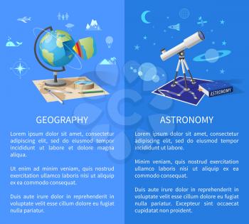 Geography and astronomy informative Internet pages with globe model, world and starry sky maps, and powerful telescope vector illustrations.