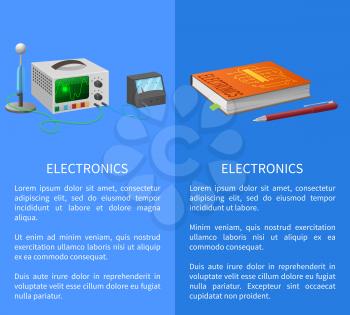 Electronics banner with place for text on blue with textbook, ballpoint pen and various electricity related devices for measuring signals