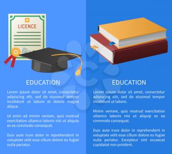 Education banners set with licence with golden stamp, pile of books on law and square academic hat with tassel isolated vector illustrations with text