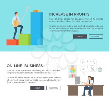 Increase in profits, man and coins with graphic, online business, make with computer and clock, text and buttons vector illustration