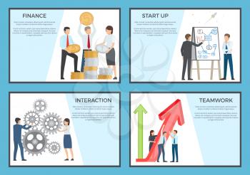 Set of posters dedicated to business. Vector illustration of employees holding large coins, red arrow, spinning cogwheel and discussing new project