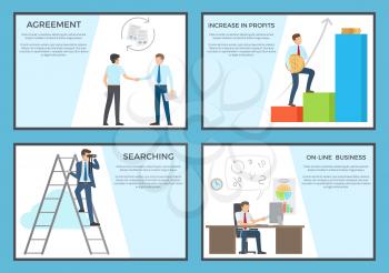 Business collection posters vector illustration of men striking deal, adult males going up chart stairs, standing on ladder and working in office