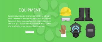 Equipment advertising web banner vector illustration. Helmet and protective eyegasses, waterproof boots and fireproof gloves, face mask and headgear