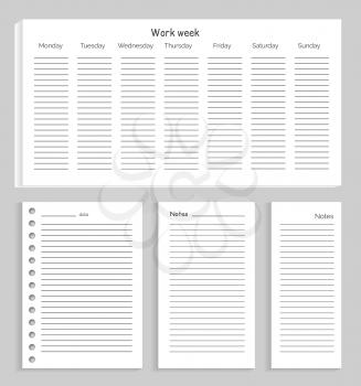 Work week and notes set of sheets of paper with titles and lines with empty space for filling information in, on vector illustration