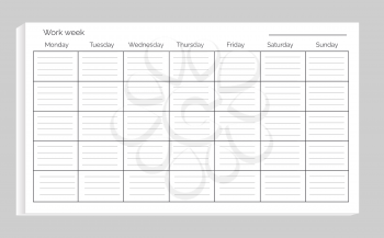 Work week with empty space for filling your own plans, item that helps to organize time efficiently on vector illustration isolated on white