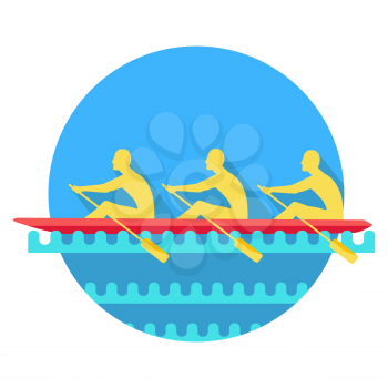 Sports Rowing and canoeing silhouette icon. Three athletes with oars rowing in boat flat vector illustration isolated on white background. Teamwork concept. For business, sportive concept, app, web