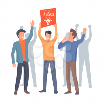 Three co workers raise banner with lamp up as symbol of new idea on white background. Cooperation in teamwork vector illustration