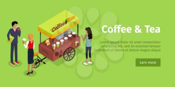 Coffee tea concept web banner. Street cart store on wheels with hot drinks surrounded customers drinking an buying beverages isometric projection vector on white background. For street cafe web page
